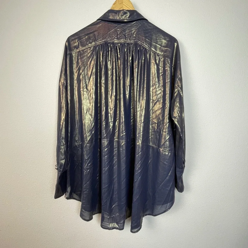 Free People Metallic Sheen Button Down Shirt Blouse‎ Navy Gold XS Oversized